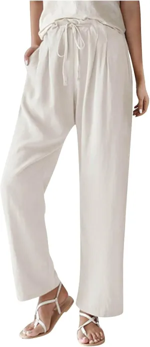 Women's Cotton Linen Pants Summer Drawstring High Waist Loose Wide Leg Pants Plus Size Trousers with Pockets