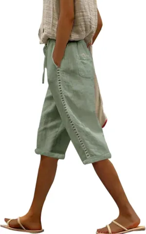 Women's Cotton Linen Shorts 2025 Casual Loose Knee Length Beach Pants Summer Drawstring Bermuda Shorts with Pockets