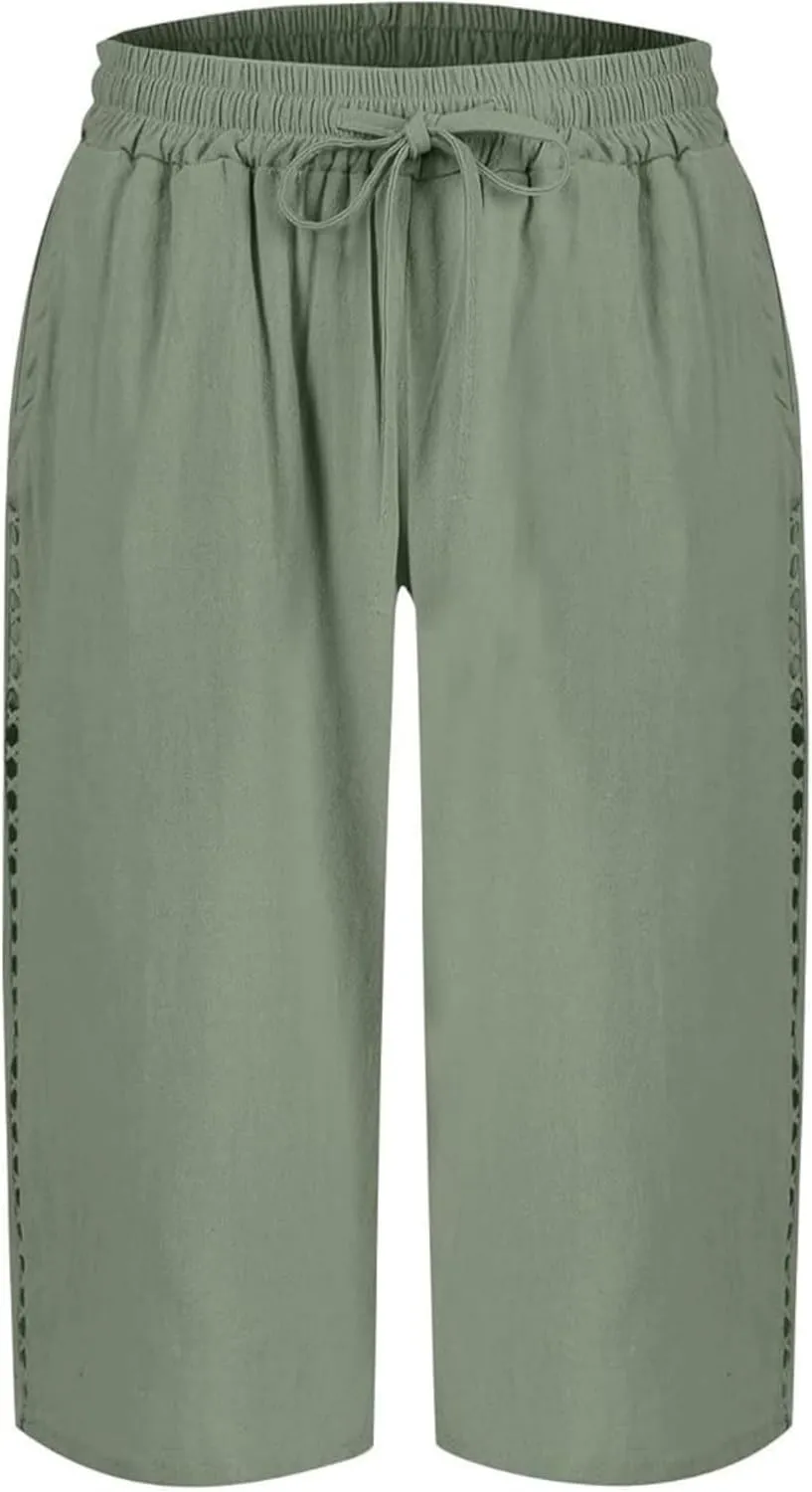 Women's Cotton Linen Shorts 2025 Casual Loose Knee Length Beach Pants Summer Drawstring Bermuda Shorts with Pockets