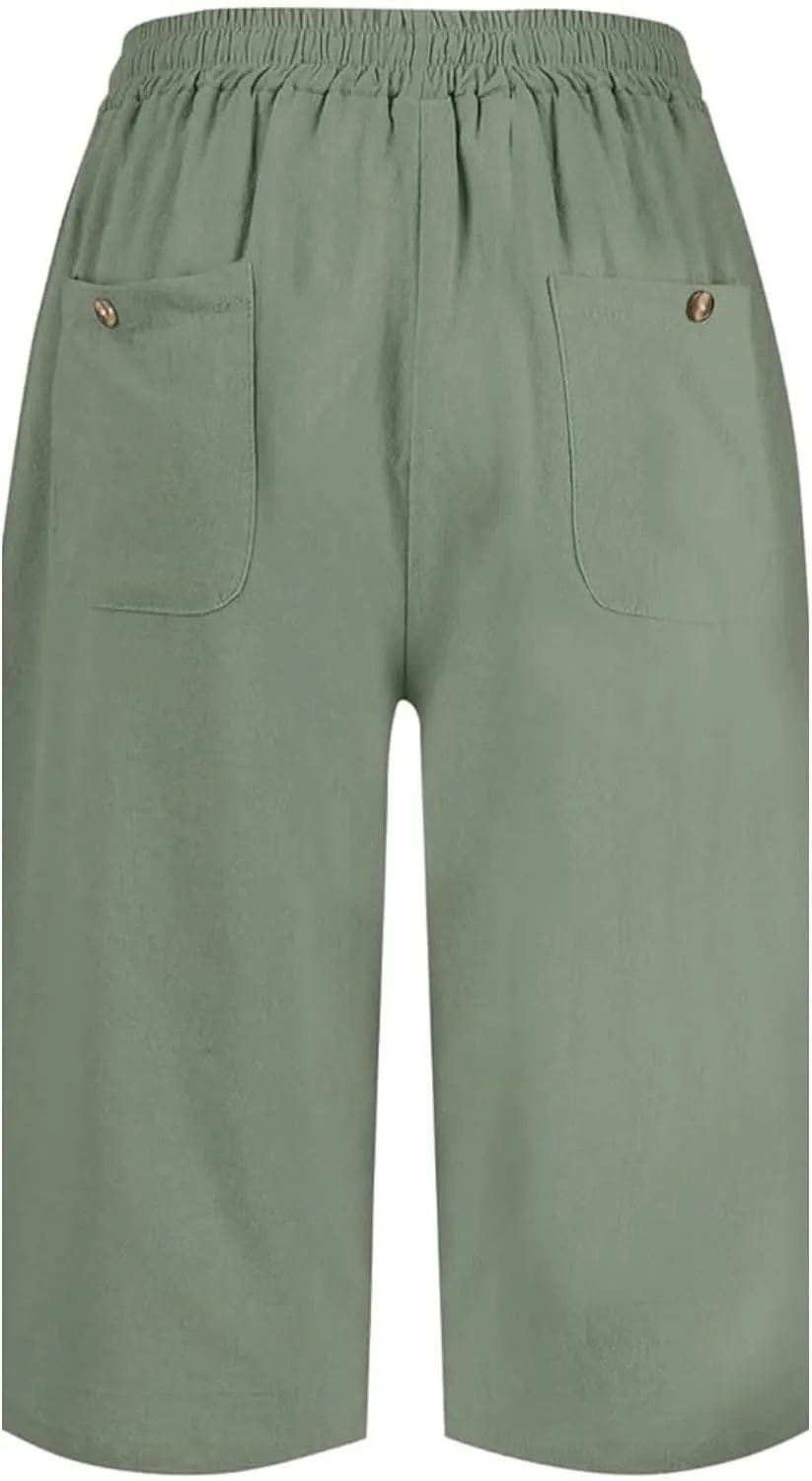 Women's Cotton Linen Shorts 2025 Casual Loose Knee Length Beach Pants Summer Drawstring Bermuda Shorts with Pockets