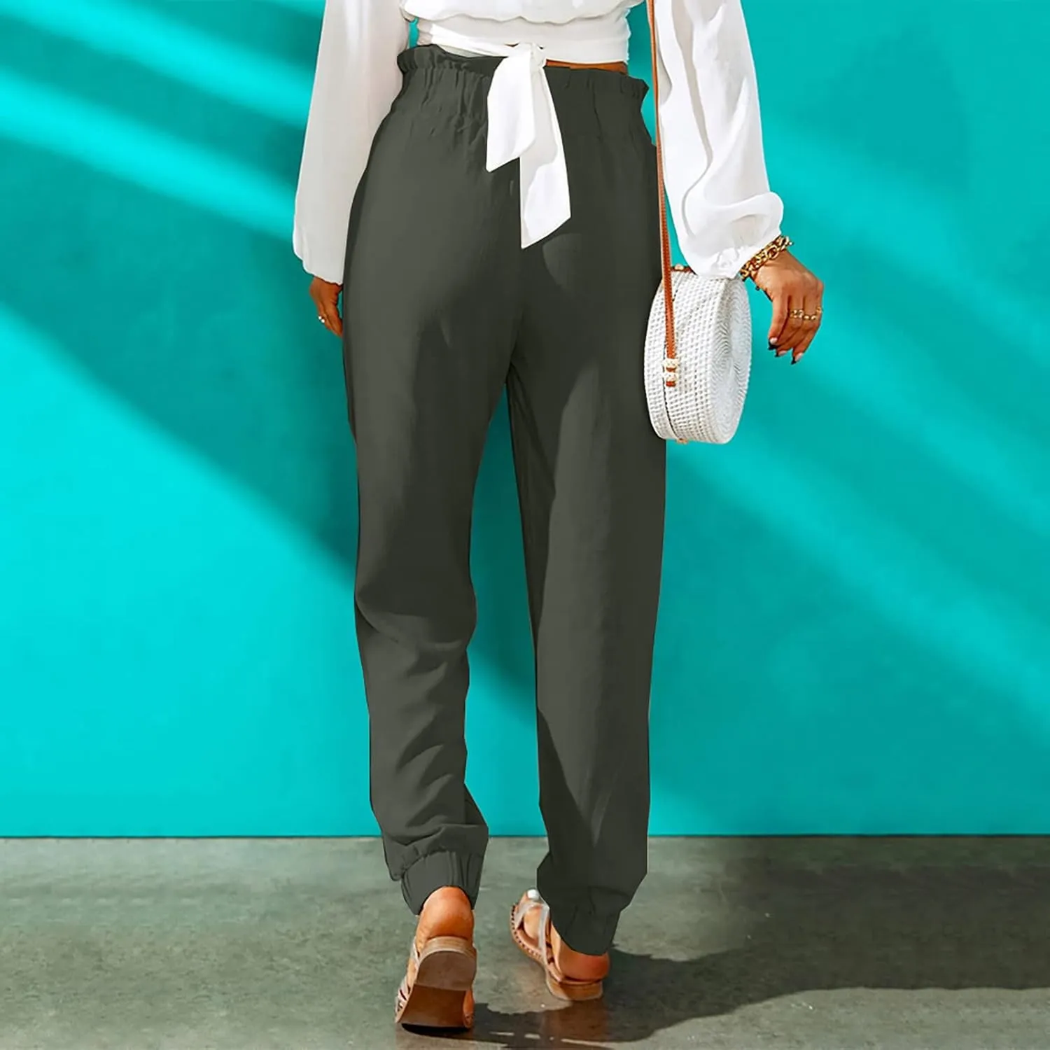 Women's Cotton Linen Tapered Leg Pants Elastic Drawstring Casual Trousers Summer Beach Lounge Cargo Pants with Pockets