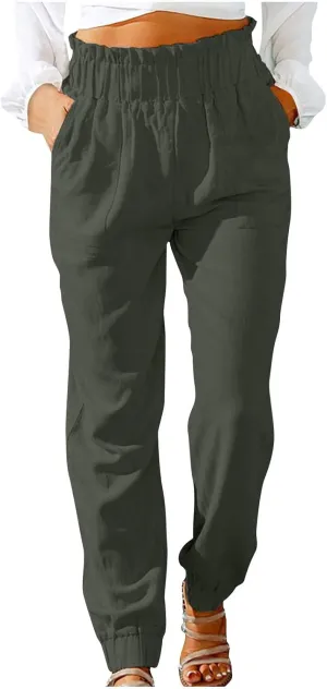Women's Cotton Linen Tapered Leg Pants Elastic Drawstring Casual Trousers Summer Beach Lounge Cargo Pants with Pockets