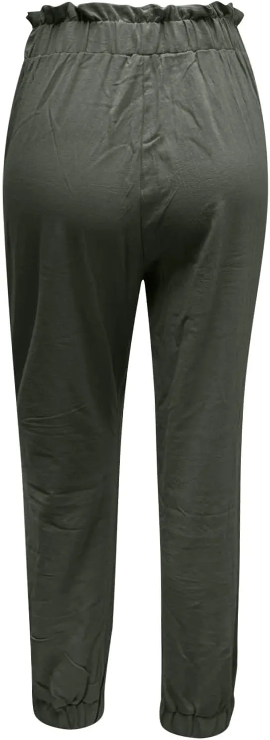 Women's Cotton Linen Tapered Leg Pants Elastic Drawstring Casual Trousers Summer Beach Lounge Cargo Pants with Pockets