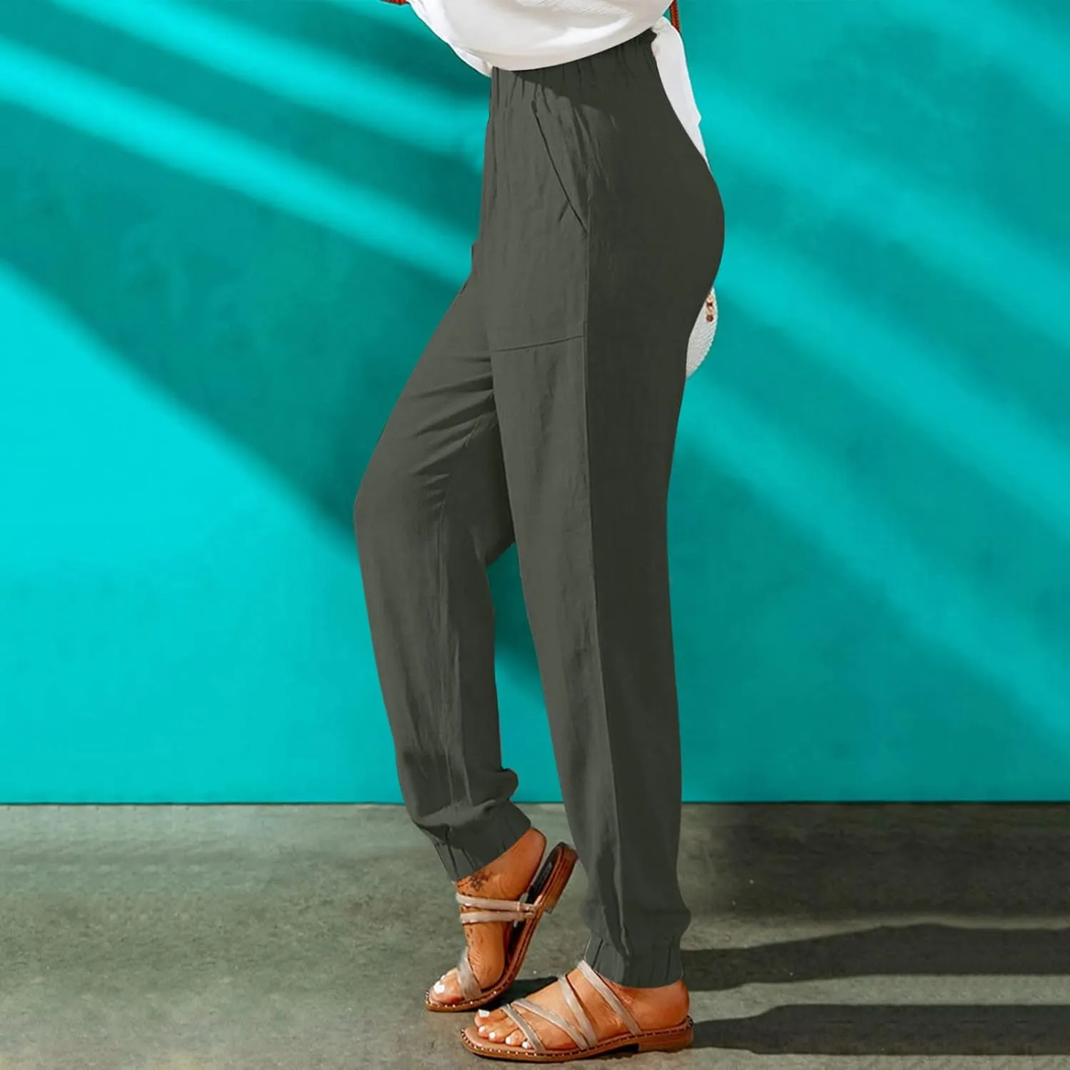 Women's Cotton Linen Tapered Leg Pants Elastic Drawstring Casual Trousers Summer Beach Lounge Cargo Pants with Pockets
