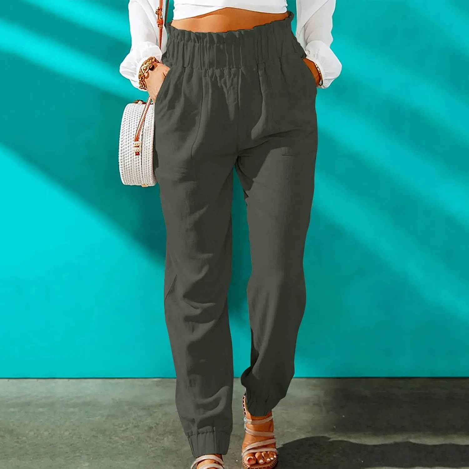 Women's Cotton Linen Tapered Leg Pants Elastic Drawstring Casual Trousers Summer Beach Lounge Cargo Pants with Pockets
