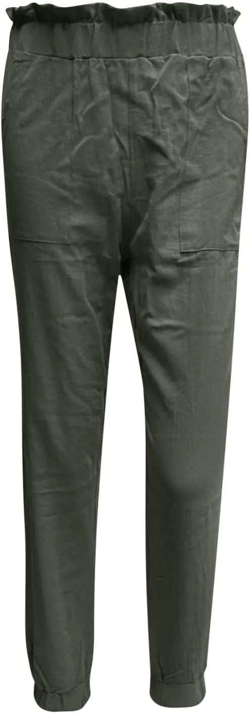 Women's Cotton Linen Tapered Leg Pants Elastic Drawstring Casual Trousers Summer Beach Lounge Cargo Pants with Pockets