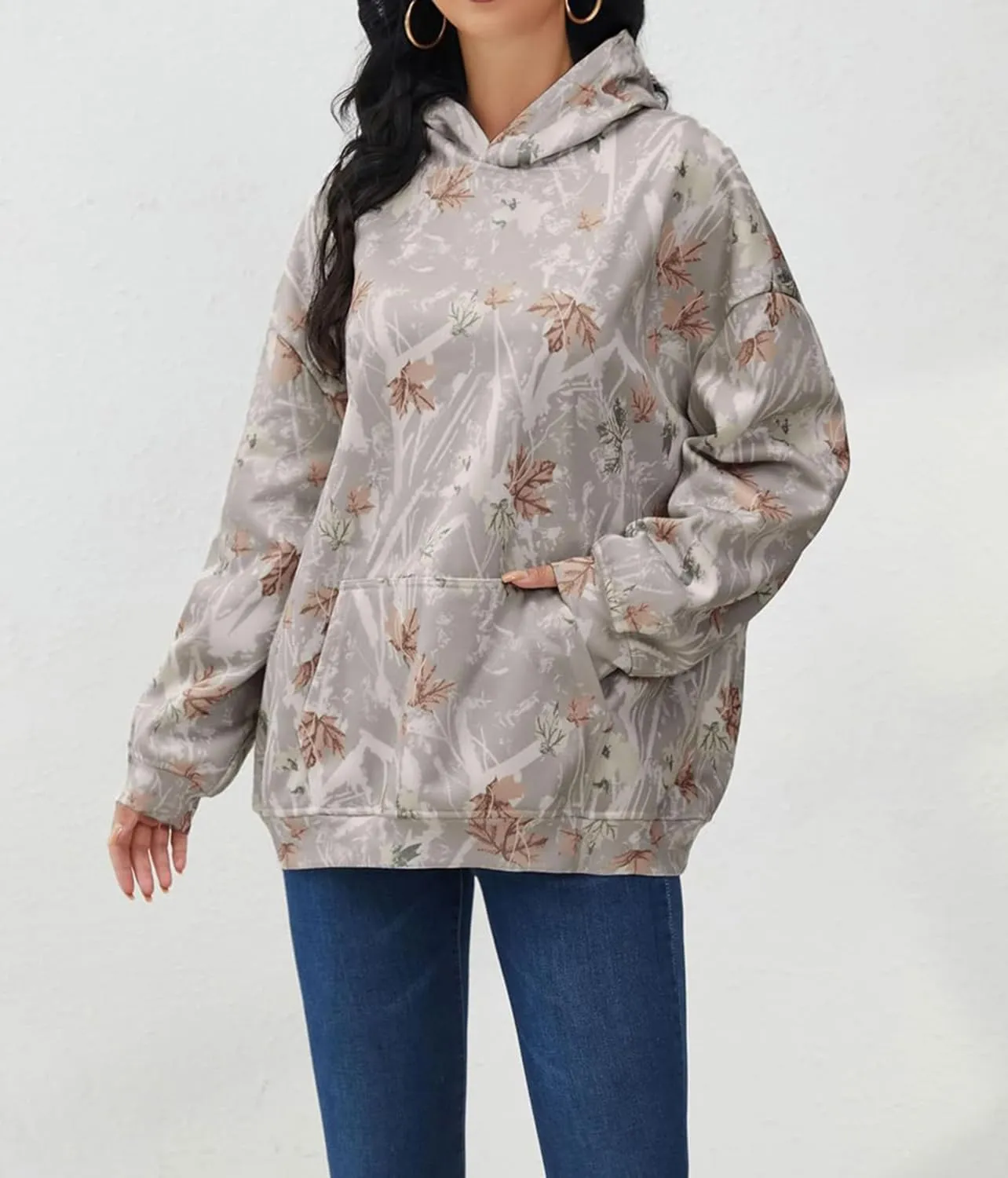 Womens Cotton Maple Leaf Print Hoodies Camo Oversized Hooded Long Sleeve Pullover Shirt With Pocket