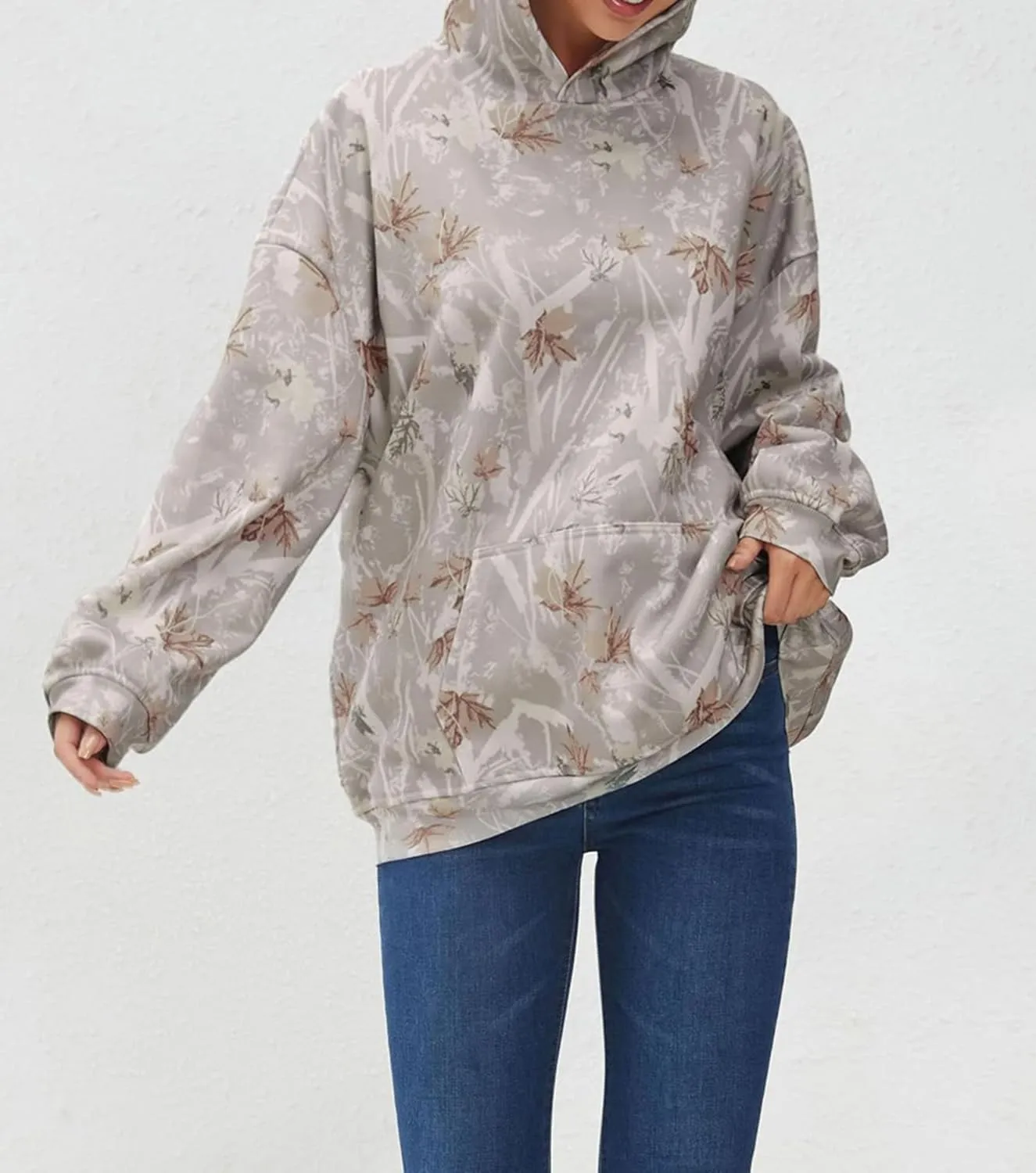 Womens Cotton Maple Leaf Print Hoodies Camo Oversized Hooded Long Sleeve Pullover Shirt With Pocket