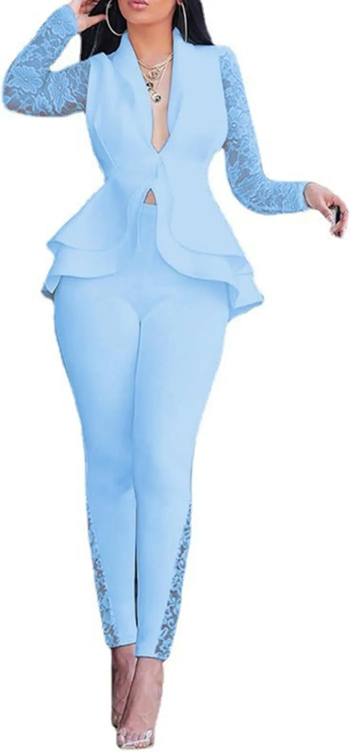 Women's Deep V Neck Ruffle Blazer Two Piece Outfits Sets Long Sleeve Long Pants Bodycon Business Suit Set
