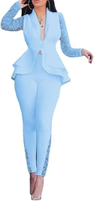 Women's Deep V Neck Ruffle Blazer Two Piece Outfits Sets Long Sleeve Long Pants Bodycon Business Suit Set