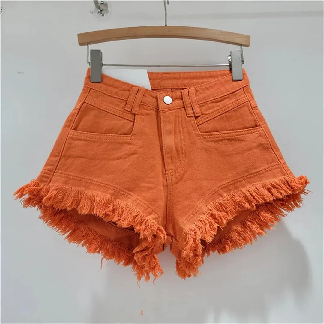 Women's Denim Shorts Jeans High-Waisted Tassel Design A-Line Wide-Leg Hot Pants Shorts