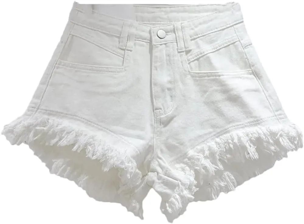 Women's Denim Shorts Jeans High-Waisted Tassel Design A-Line Wide-Leg Hot Pants Shorts