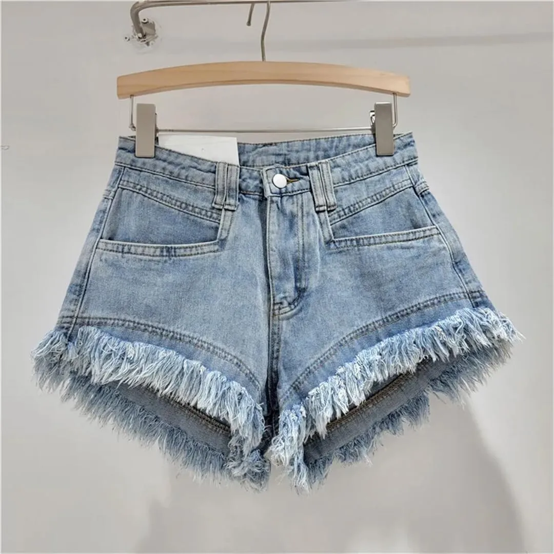 Women's Denim Shorts Jeans High-Waisted Tassel Design A-Line Wide-Leg Hot Pants Shorts