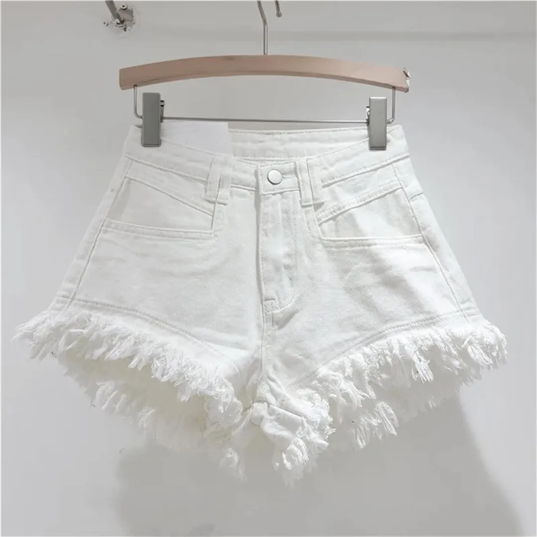 Women's Denim Shorts Jeans High-Waisted Tassel Design A-Line Wide-Leg Hot Pants Shorts