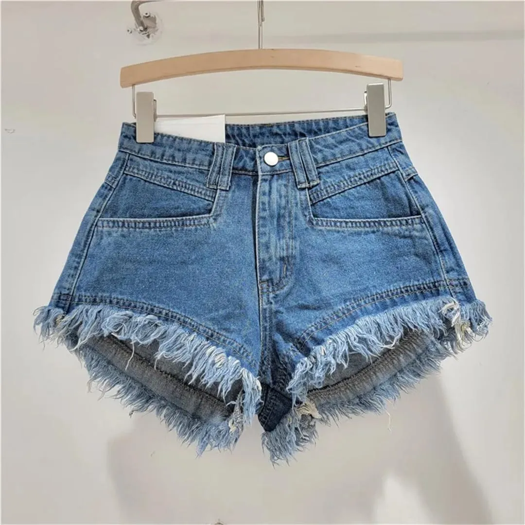 Women's Denim Shorts Jeans High-Waisted Tassel Design A-Line Wide-Leg Hot Pants Shorts