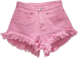 Women's Denim Shorts Jeans High-Waisted Tassel Design A-Line Wide-Leg Hot Pants Shorts
