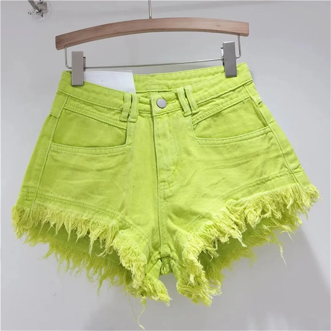 Women's Denim Shorts Jeans High-Waisted Tassel Design A-Line Wide-Leg Hot Pants Shorts