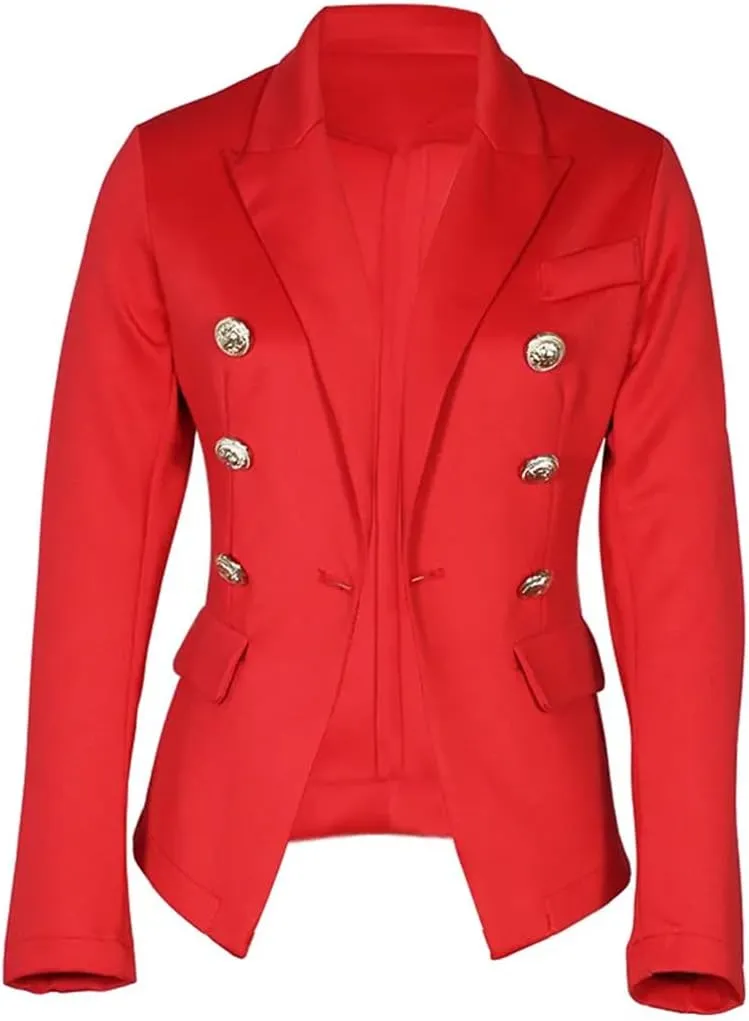 Women's Double Breasted Solid Color Slim Long Sleeve Business Casual Short Jacket Office Blazer