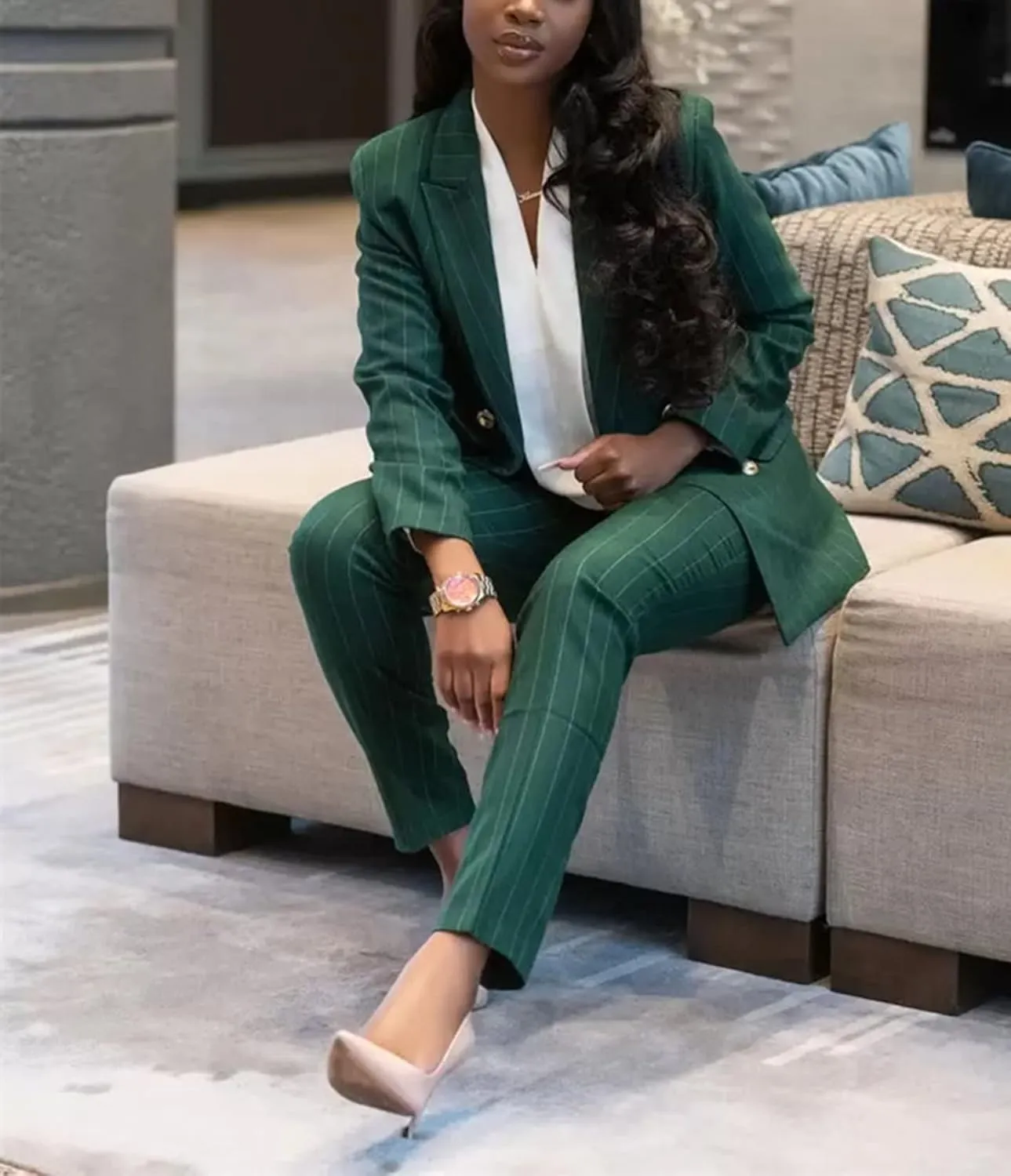 Women's Double Breasted Striped 2 Piece Suit Set Business Blazer Jacket and Pants