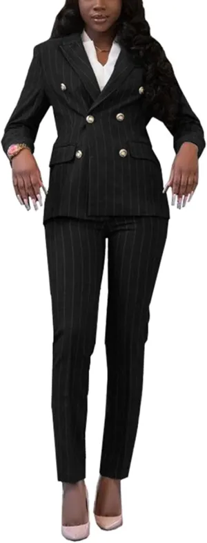 Women's Double Breasted Striped 2 Piece Suit Set Business Blazer Jacket and Pants