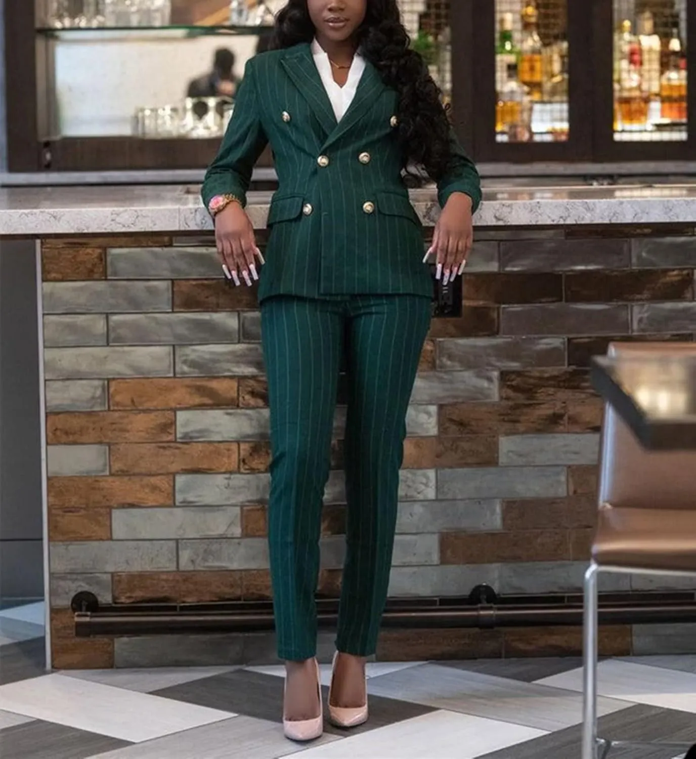 Women's Double Breasted Striped 2 Piece Suit Set Business Blazer Jacket and Pants