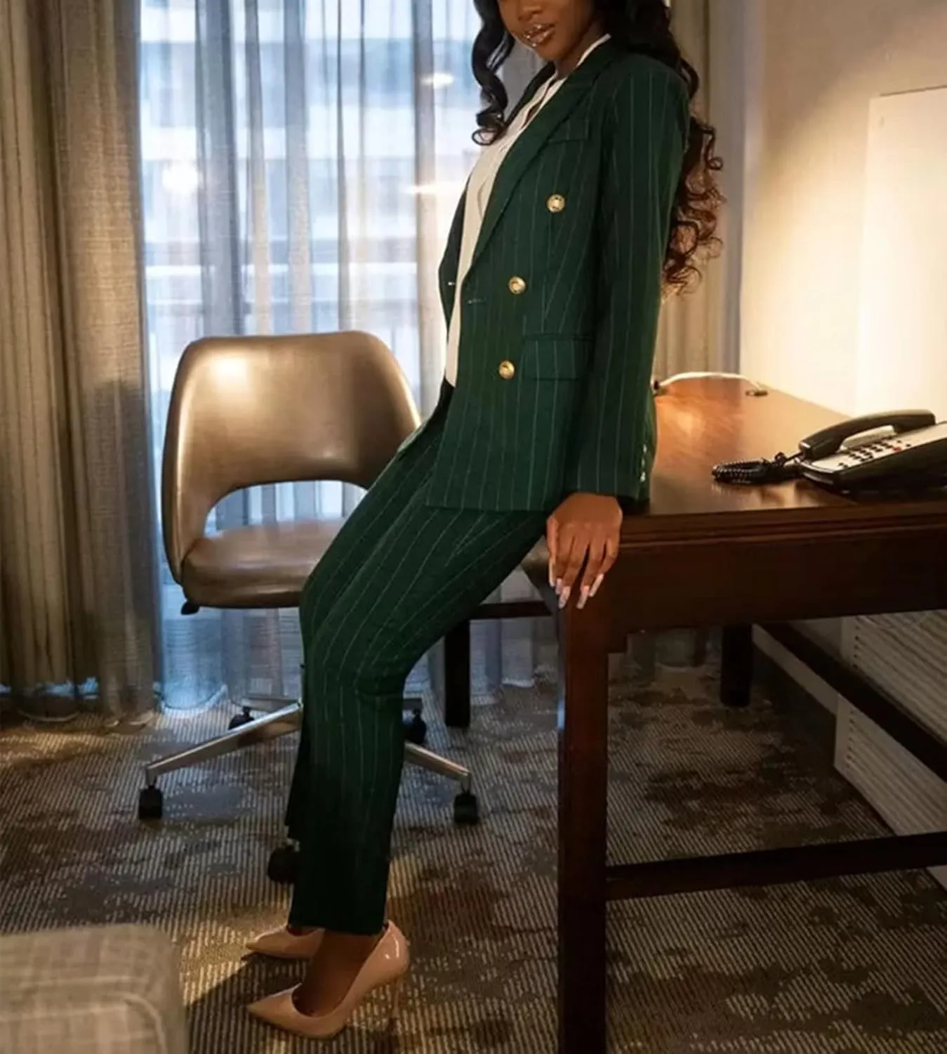 Women's Double Breasted Striped 2 Piece Suit Set Business Blazer Jacket and Pants