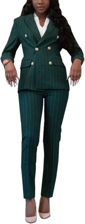 Women's Double Breasted Striped 2 Piece Suit Set Business Blazer Jacket and Pants