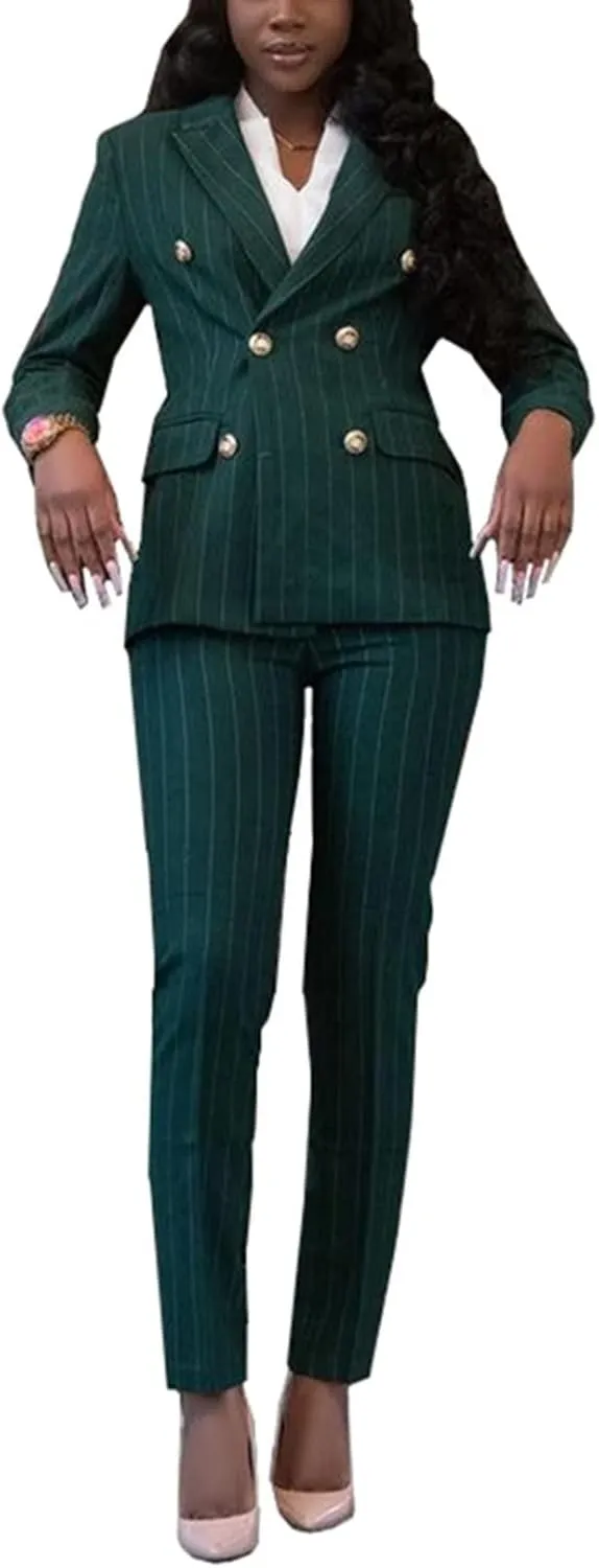 Women's Double Breasted Striped 2 Piece Suit Set Business Blazer Jacket and Pants