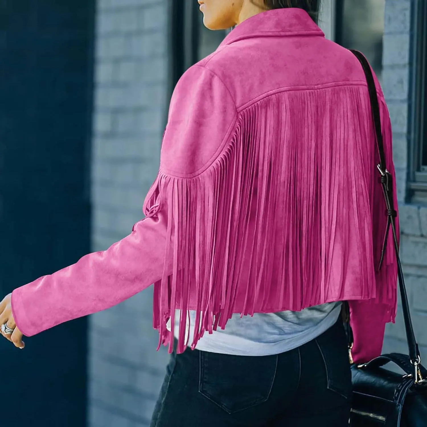 Women's Fringe Faux Suede Leather Jackets Open Front Fashion Tassel Cropped Coat Western Cowboy Jacket Hippie Clothes