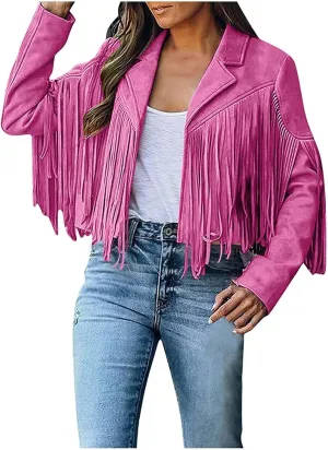 Women's Fringe Faux Suede Leather Jackets Open Front Fashion Tassel Cropped Coat Western Cowboy Jacket Hippie Clothes