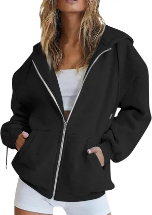 Womens Full Zip Hoodie Y2K Drop Shoulder Fleece Oversized Sweatshirt Baggy Lightweight Comfy Hooded Jackets w/Pockets