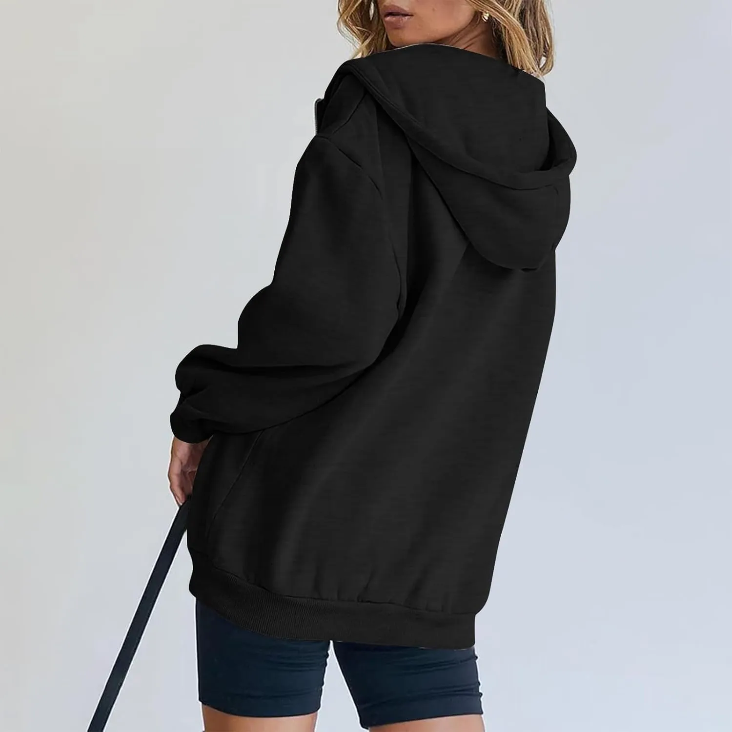 Womens Full Zip Hoodie Y2K Drop Shoulder Fleece Oversized Sweatshirt Baggy Lightweight Comfy Hooded Jackets w/Pockets
