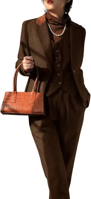 Women's Herringbone Tweed 3 Pieces Suit One Button Office Lady Blazer Vest Pants