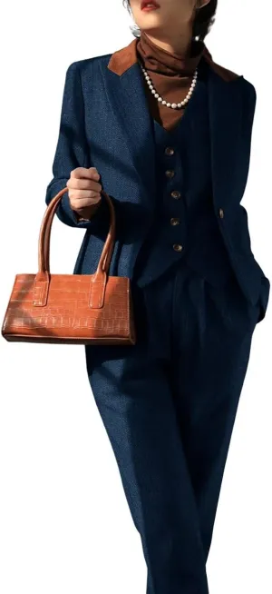 Women's Herringbone Tweed 3 Pieces Suit One Button Office Lady Blazer Vest Pants