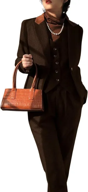 Women's Herringbone Tweed 3 Pieces Suit One Button Office Lady Blazer Vest Pants