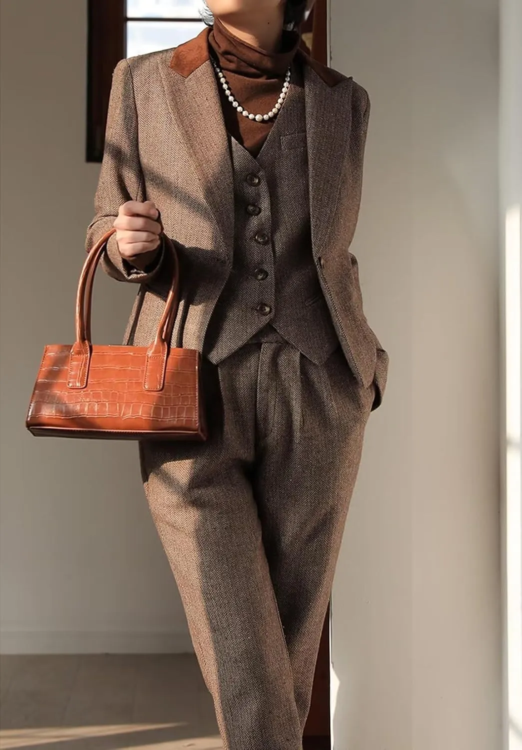 Women's Herringbone Tweed 3 Pieces Suit One Button Office Lady Blazer Vest Pants