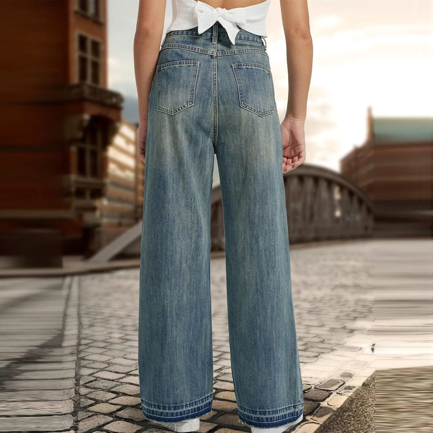 Women's High Waist Baggy Jeans Boyfriend Wide Leg Denim Pants with Pocket Ripped Straight Leg Casual Loose Trouser