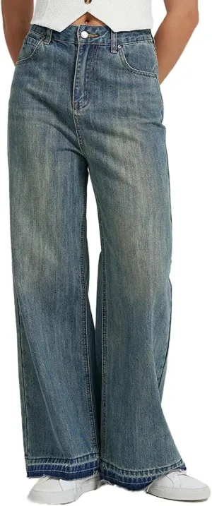 Women's High Waist Baggy Jeans Boyfriend Wide Leg Denim Pants with Pocket Ripped Straight Leg Casual Loose Trouser