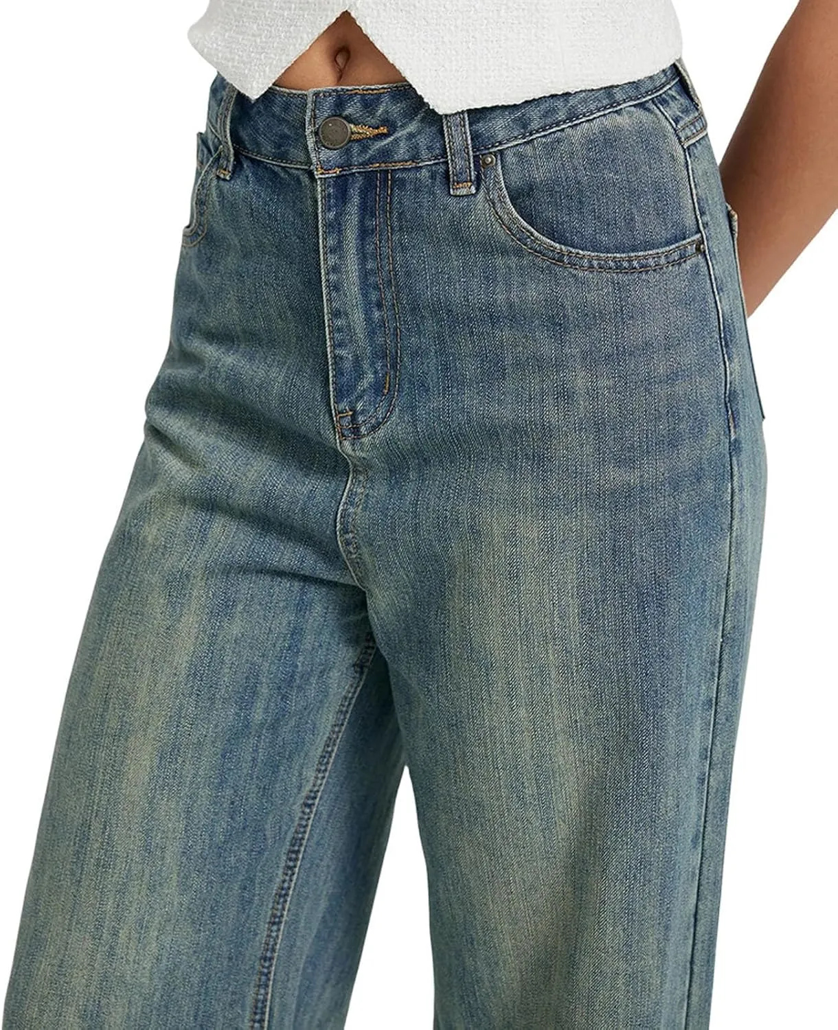Women's High Waist Baggy Jeans Boyfriend Wide Leg Denim Pants with Pocket Ripped Straight Leg Casual Loose Trouser