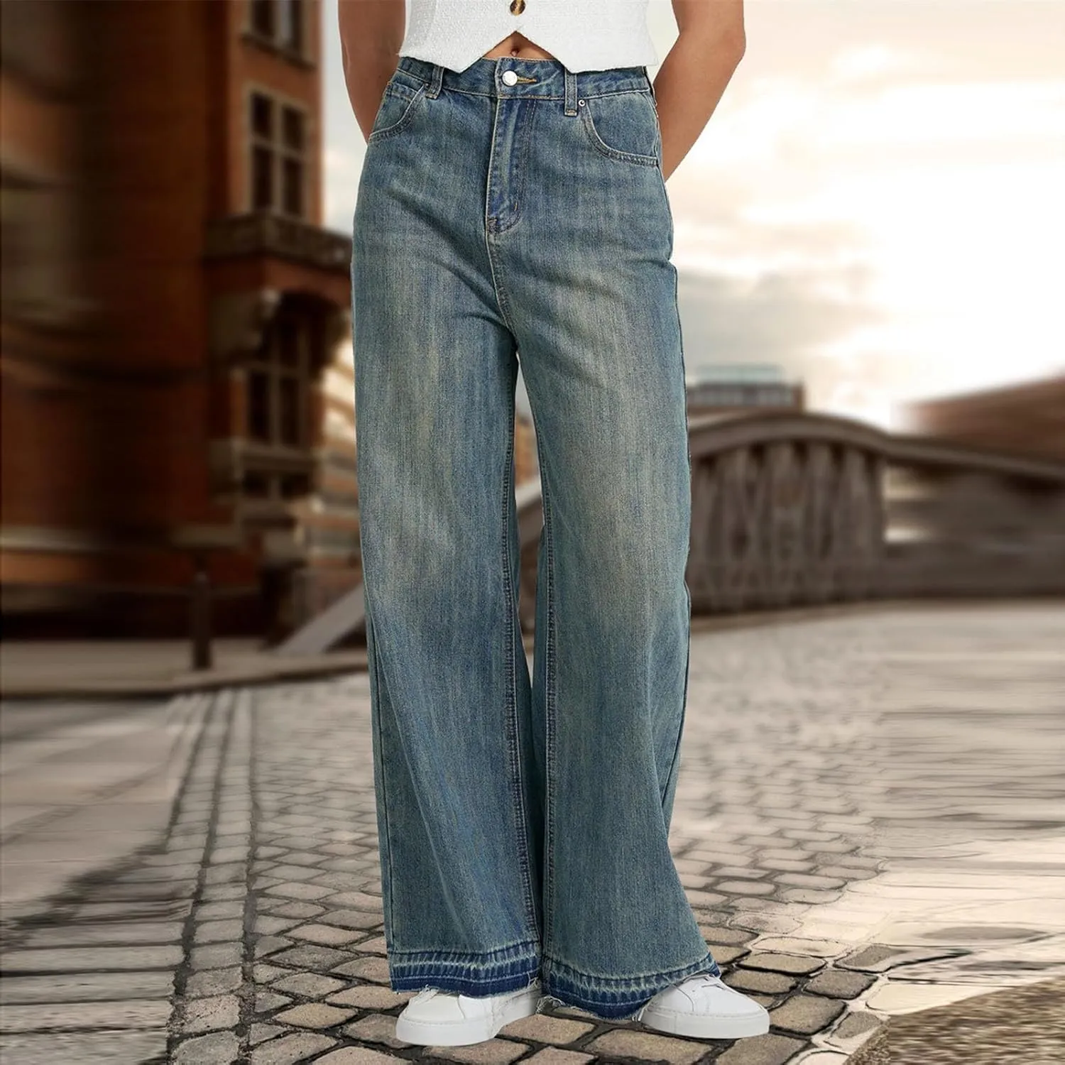Women's High Waist Baggy Jeans Boyfriend Wide Leg Denim Pants with Pocket Ripped Straight Leg Casual Loose Trouser