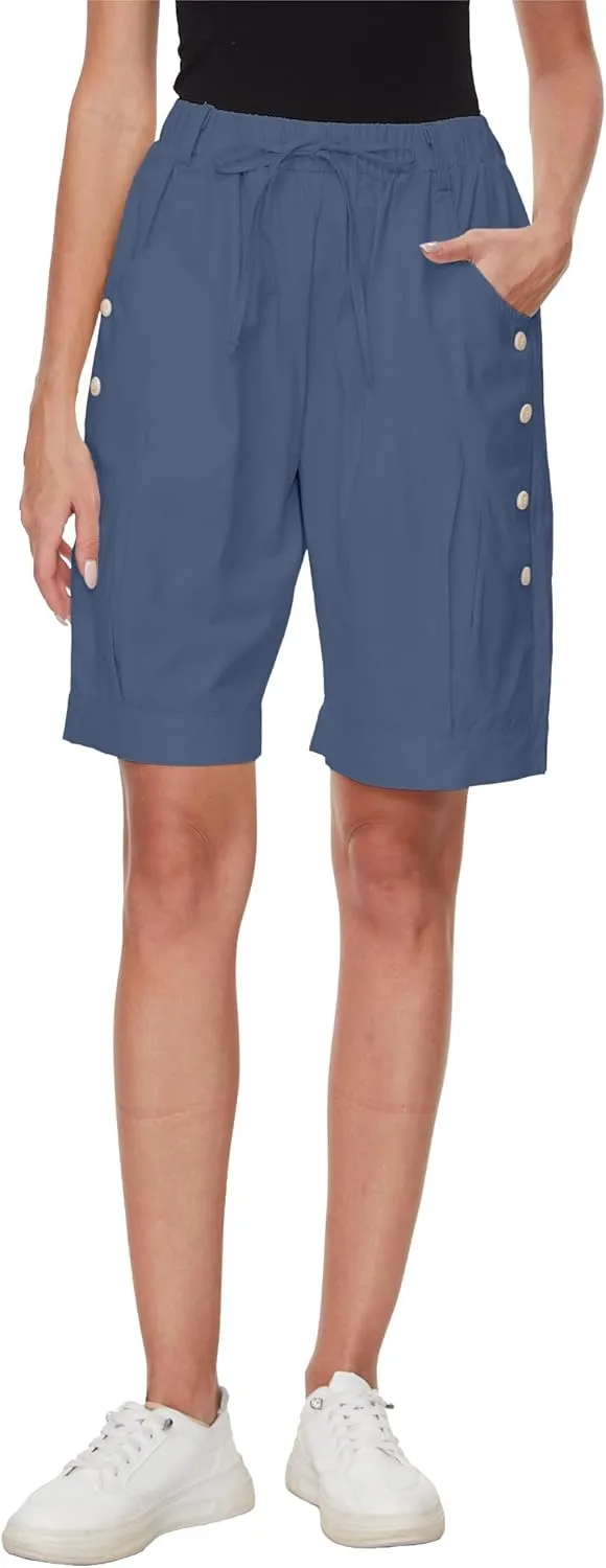 Women's High Waist Bermuda Shorts Loose Drawstring Capri Pants with Pockets Wide Leg Summer Shorts