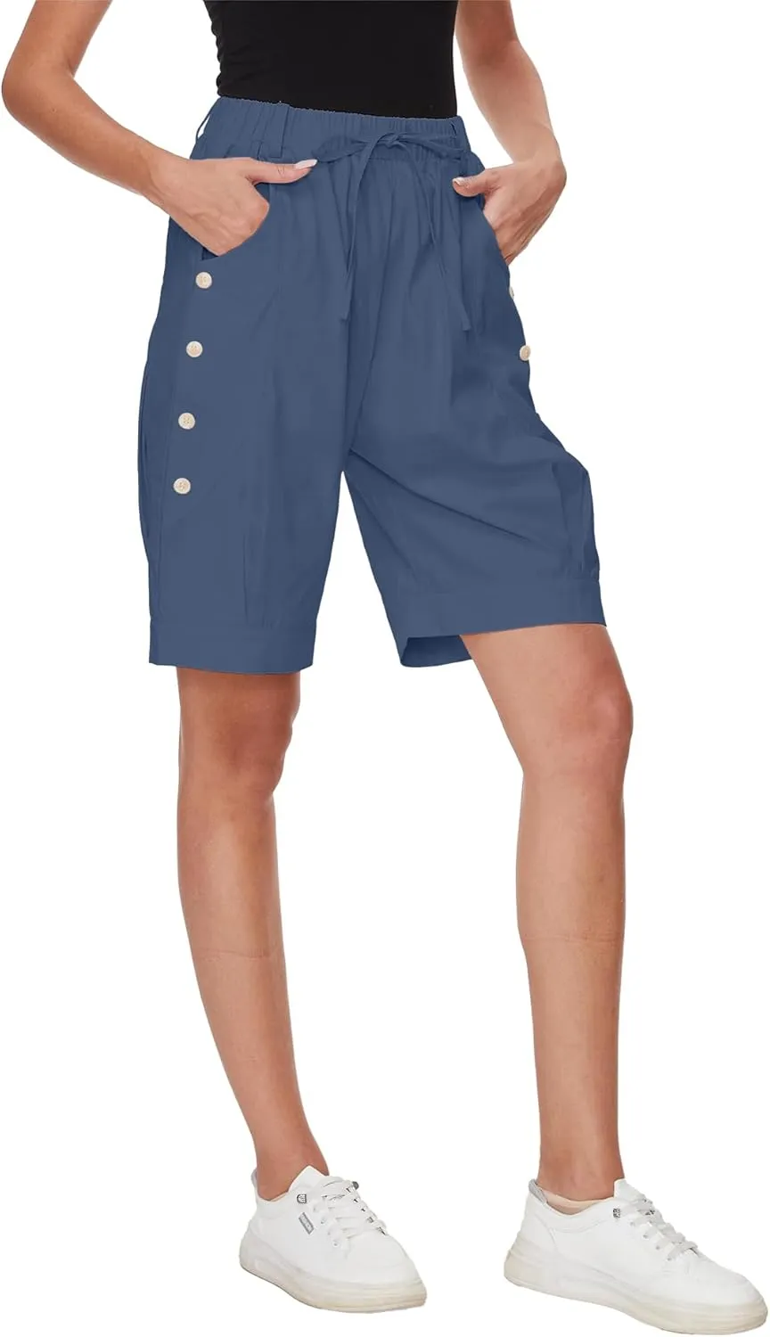 Women's High Waist Bermuda Shorts Loose Drawstring Capri Pants with Pockets Wide Leg Summer Shorts