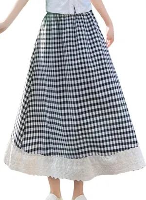 Women's High Waist Casual Plaid Gingham Skirt Lace Eyelet Ruffle Hem A Line Maxi Skirt