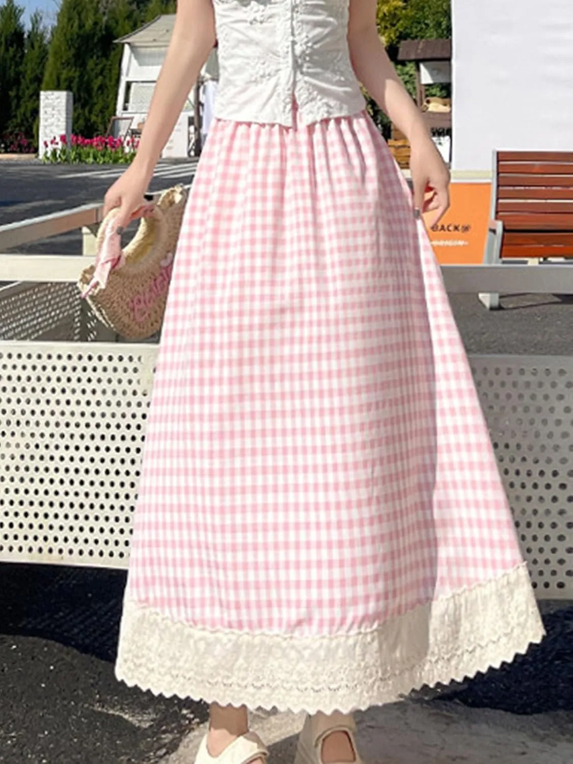 Women's High Waist Casual Plaid Gingham Skirt Lace Eyelet Ruffle Hem A Line Maxi Skirt