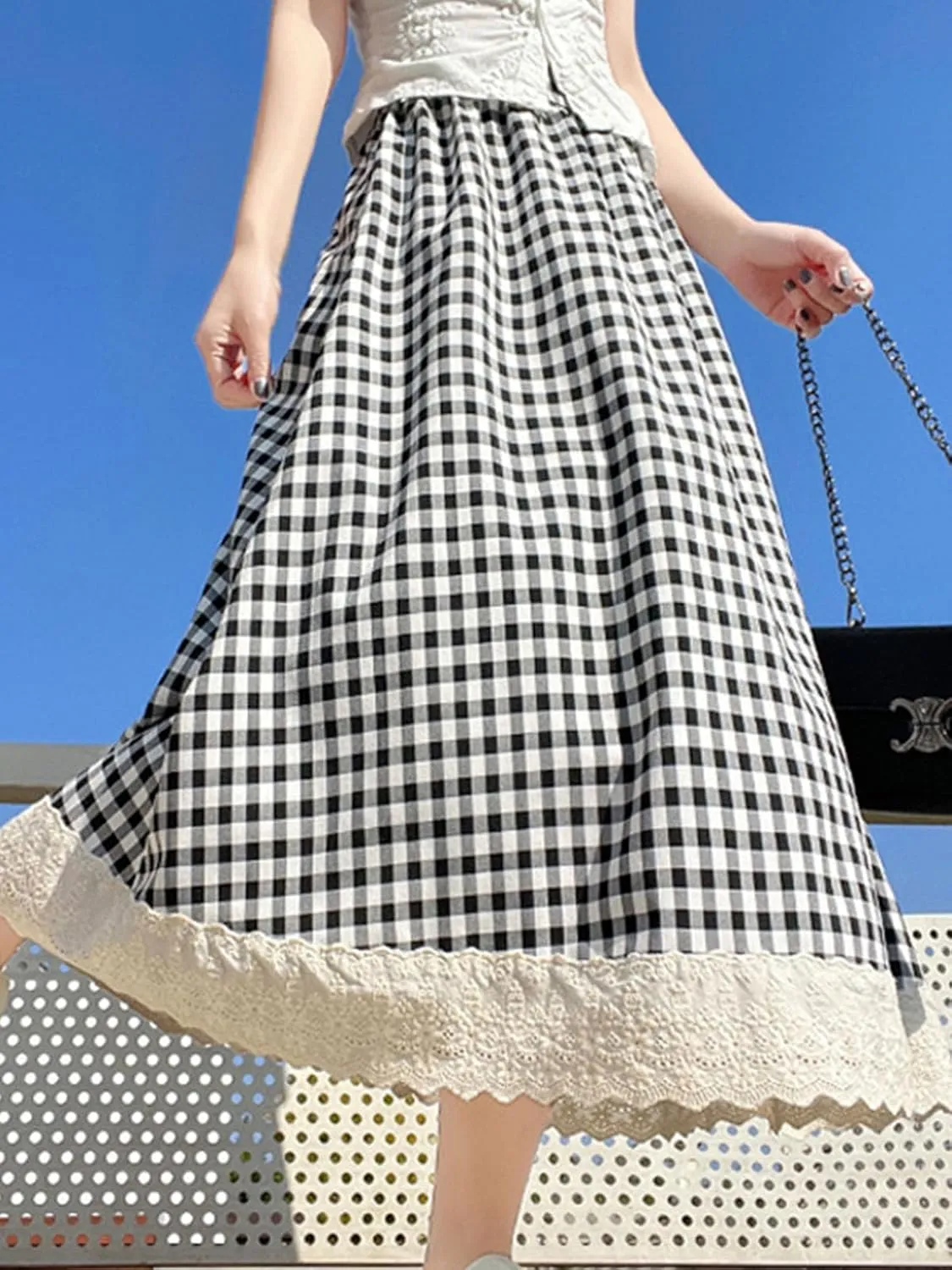 Women's High Waist Casual Plaid Gingham Skirt Lace Eyelet Ruffle Hem A Line Maxi Skirt