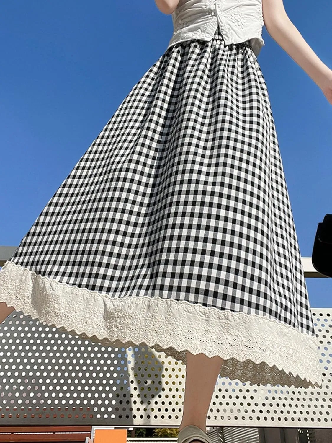 Women's High Waist Casual Plaid Gingham Skirt Lace Eyelet Ruffle Hem A Line Maxi Skirt