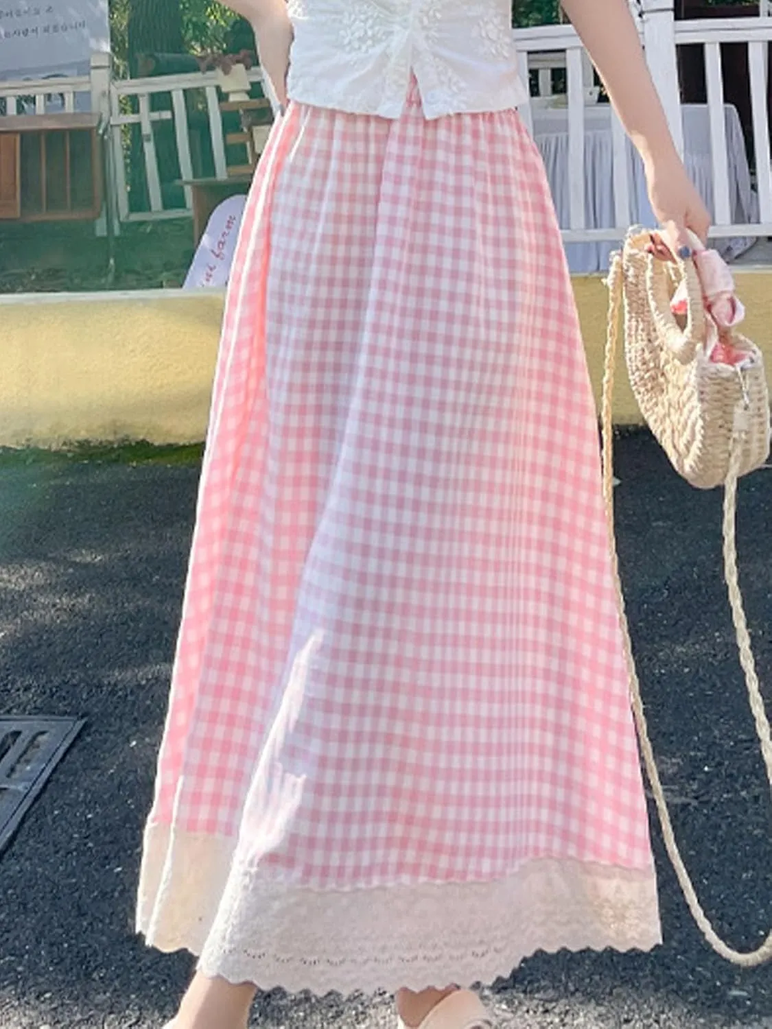 Women's High Waist Casual Plaid Gingham Skirt Lace Eyelet Ruffle Hem A Line Maxi Skirt
