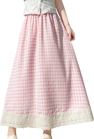 Women's High Waist Casual Plaid Gingham Skirt Lace Eyelet Ruffle Hem A Line Maxi Skirt