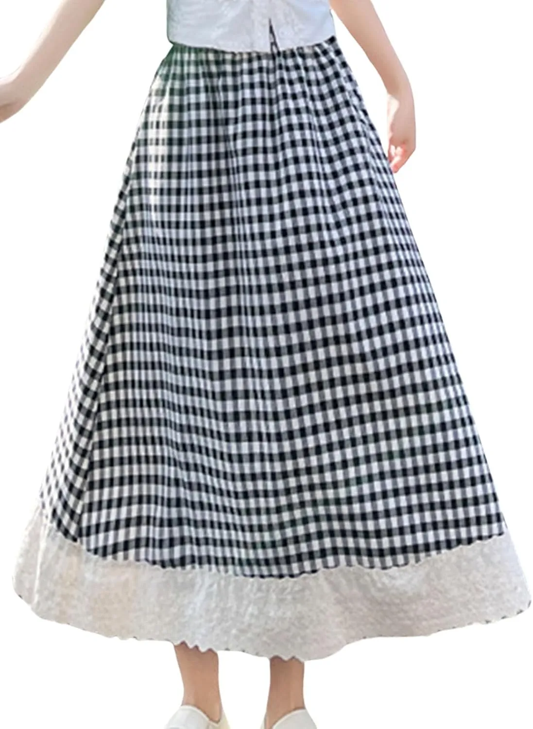 Women's High Waist Casual Plaid Gingham Skirt Lace Eyelet Ruffle Hem A Line Maxi Skirt