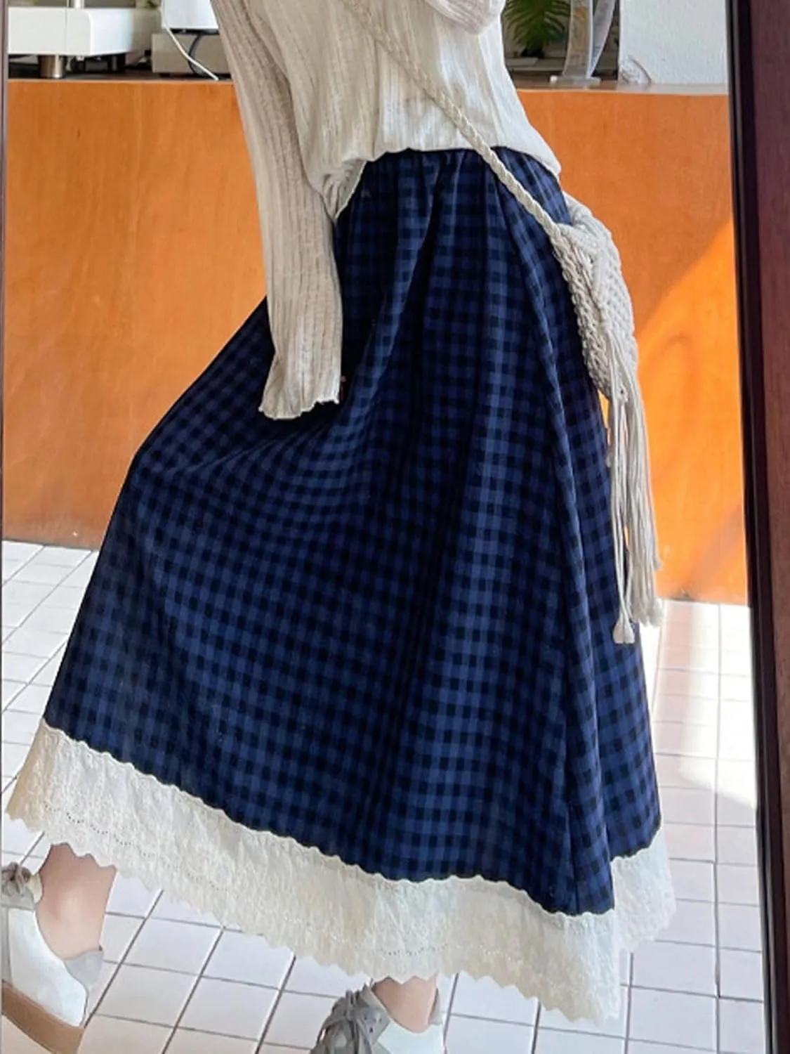 Women's High Waist Casual Plaid Gingham Skirt Lace Eyelet Ruffle Hem A Line Maxi Skirt